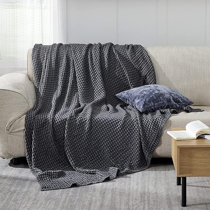 Bedsure Cooling Cotton Waffle Full Size Blanket - Lightweight Breathable Blanket of Rayon Derived from Bamboo for Hot Sleepers, Luxury Throws for Bed, Couch and Sofa, Dark Grey, 80x90 Inches