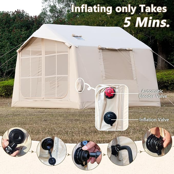 Inflatable Camping Tent with Hand Pump Waterproof Outdoor Blow up Tent 2-8 Person Oxford 4 Season Glamping Air Tent Cabin House with Mesh Windows & Door