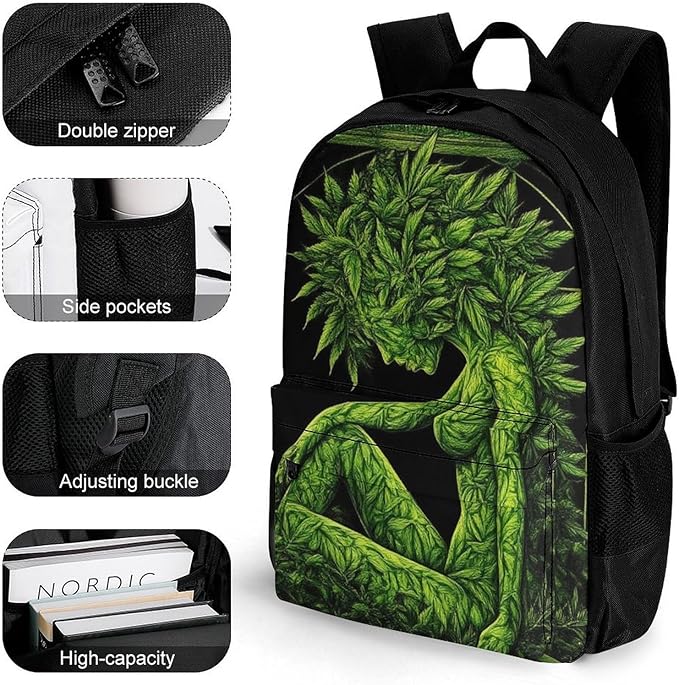Backpack Anti-Theft Multipurpose Large Capacity Carry On Bag, Beauty Green Marijuanaweed Leaf Woman Camping Outdoor Backpack With Side Pockets