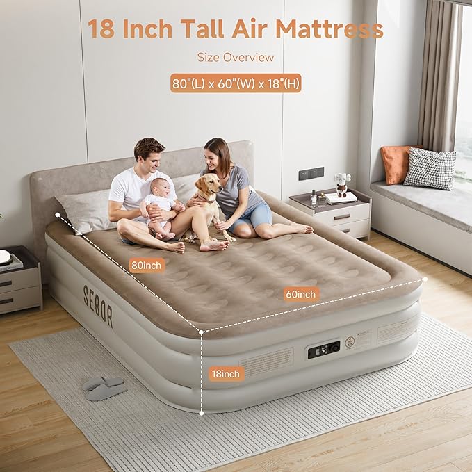 Sebor Air Mattress Queen with Built-in Pump 18", Comfortable Self-Inflating Air Mattress with High-Speed Pump, Durable Blow Up Mattress Queen with Storage Bag for Guests, Camping, Travel