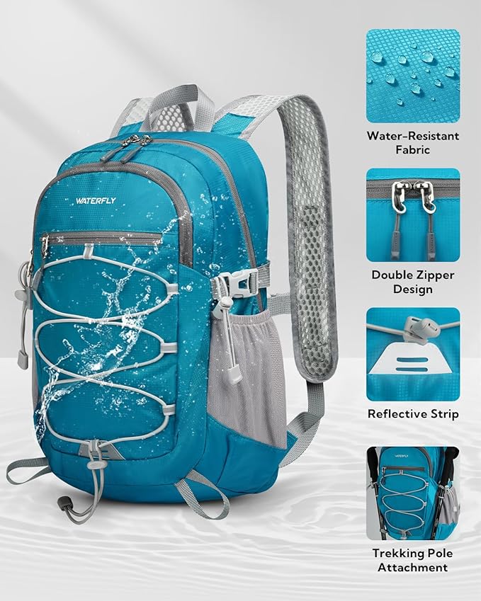 WATERFLY Small Lightweight Packable Backpack: 15L Mini Ultra Light Foldable Travel Daypack with Breathable Shoulder Strap Outdoor Hiking Camping Day Pack for Women Men Blue