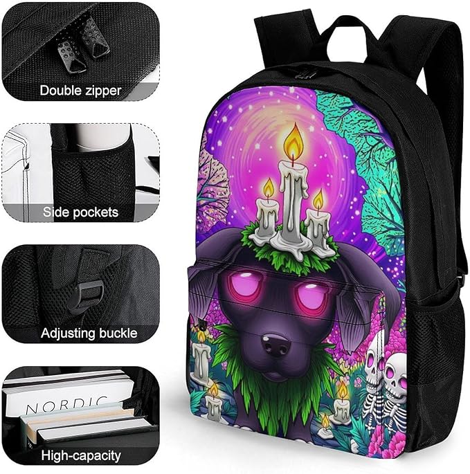 Supdreamc Men Women Lightweight Surrealist Dog Halloween Skeletons Flowers Fantasy Art Casual Daypack Big Capacity Bookbag With Padded Straps for Gym Travel Walking Cycling
