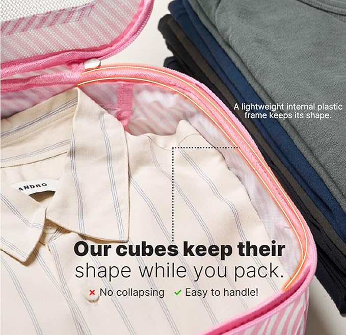 LeanTravel Premium Compression Packing Cubes for Travel - Luggage Organizers with Double Zipper - Sturdy Bags for Suitcase (6-Pack, Pink Stripes)