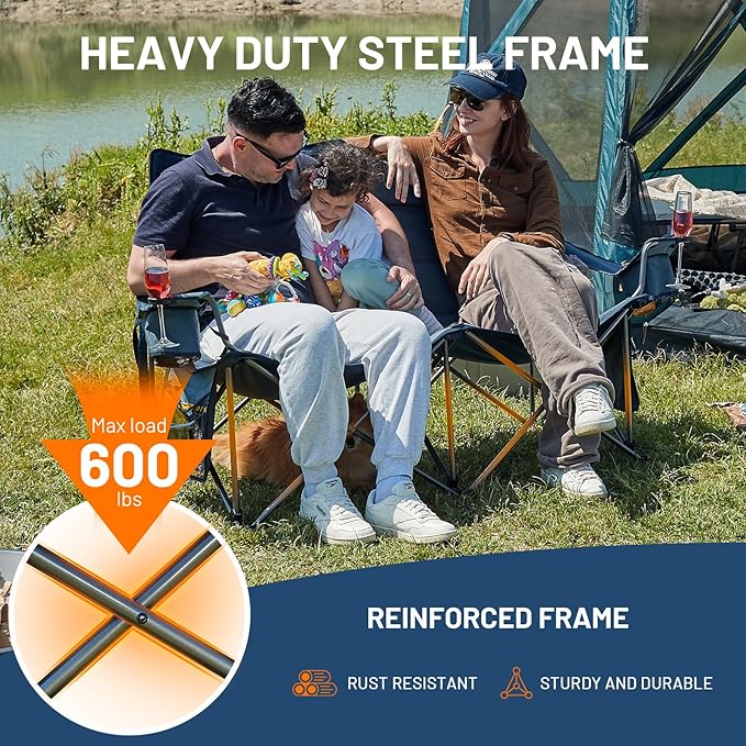 TIMBER RIDGE Oversized Double Camping Chairs Camping Couch, 2 Person Camping Loveseat Double Folding Camp Chair with Wine Glass Holder, Portable Chair for Outdoor, Lawn Chairs, Indoor, Supports 600LBS