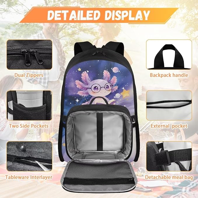 HUGS IDEA Reading Axolotl Girls Backpack and Lunch Bag School Bookbag for Elementary Pink School Bag Set for Girls 6-8 Lightweight Book Bag with Lunchbox Children Backpacks