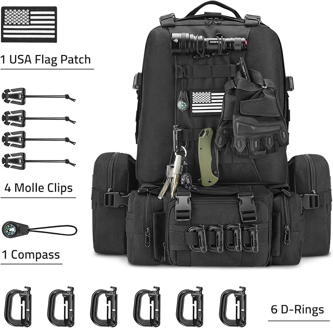 CVLIFE 60L Tactical Backpack for Men Women Military Large Army Rucksack With D-Ring Molle Clips Compass Accessories 3 Day Bug Out Survival Molle Bag Hiking Camping Gym Daypack Backpacks,Black