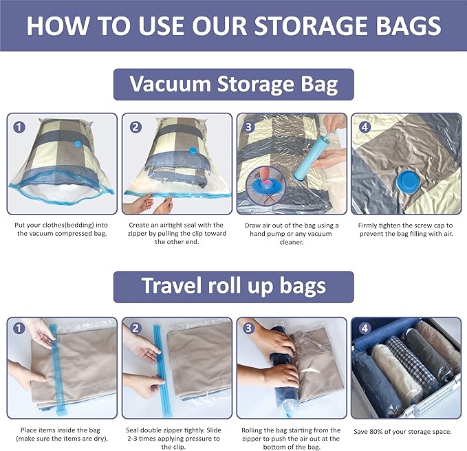 Cozy Essential Vacuum Storage Bags, Compression Space Saver Bags for Clothes, Comforters, Blankets, Pillow, Bedding, Sealer Clothing Storage,25 Combo
