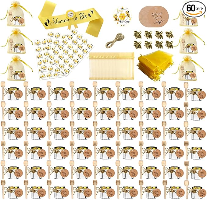 IIKUM 60 Pack 1.5 oz Glass Honey Jars with Baby Shower Sash, Dippers, Bee Pendants, Gift Bags, Thank You Cards, Jute and Stickers-Great Honey Jars Set for Baby Shower Favors, Welcome Baby Decorations