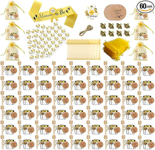IIKUM 60 Pack 1.5 oz Glass Honey Jars with Baby Shower Sash, Dippers, Bee Pendants, Gift Bags, Thank You Cards, Jute and Stickers-Great Honey Jars Set for Baby Shower Favors, Welcome Baby Decorations