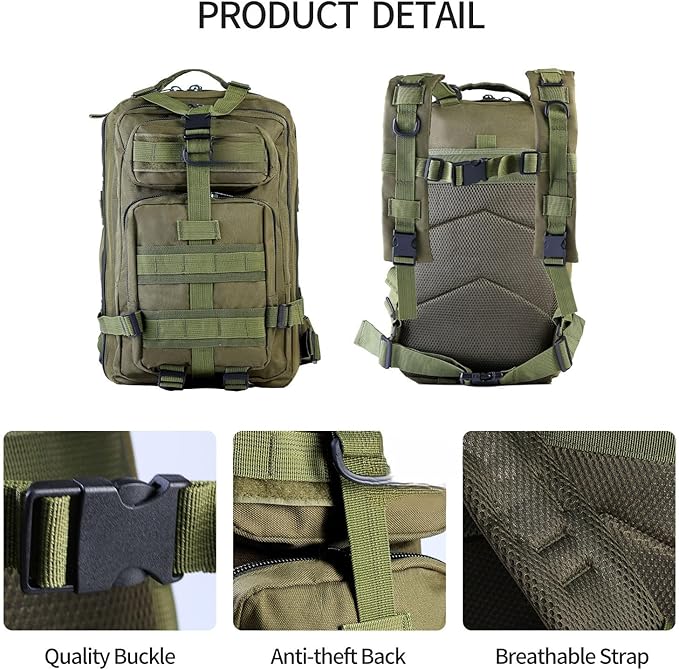 Lawaia Small Tactical Backpack Military Survival Molle Army Go Bag Hunting Gym Rucking Hiking Camping Motorcycle Rucksack With Weights for Men and Women 30L (Green)