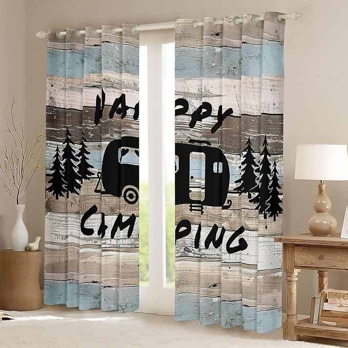 Camper Adventure Boys Girls Room Decor,RV Trailer Pine Tree Natural Blackout Curtains,Wooden Plank Cottage Farmhouse Blackout Curtains,Rustic Blue 2 Panels,38Wx45L inch