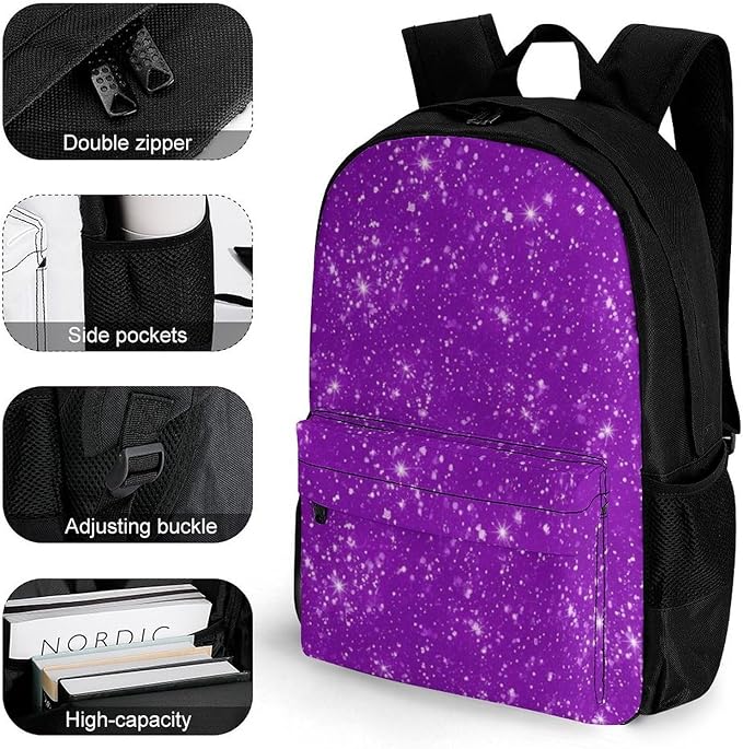 Lightweight Daypack Backpack for Sports Travel Running, Large Capacity Multipurpose Anti-Theft Bookbag, Purple Glitter Sparkle Pattern Laptop Backpack Daypack