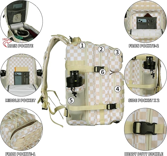 25L/45L Tactical Backpack Military Tactical Backpack Heavy Duty Molle Assault Pack for Work Gym Outdoors (1.0 25L-Beige Checkered, Small)