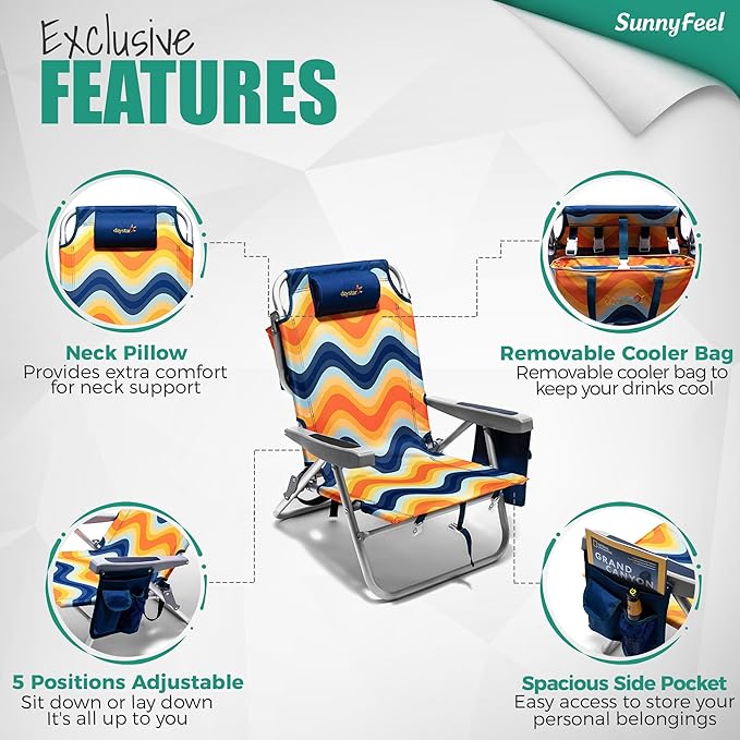 SUNNYFEEL Beach Chairs for Adults 2 Pack 5 Position Lay Flat, Portable Folding Backpack Beach Chair Heavy Duty with Cooler Bag, Cup Holder for Outdoor/Lawn/Picnic, Foldable Camping Chair