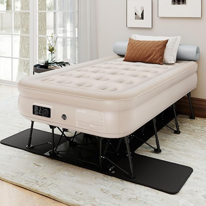 DWVO Inflatable Twin Air Bed with Folding Frame & Rolling Bag, Built-in Pump Blow Up Mattress for Camping, Guest Room & Travel, Portable Air Mattress with Case, 75 x 39 x 24 Inches, Brown