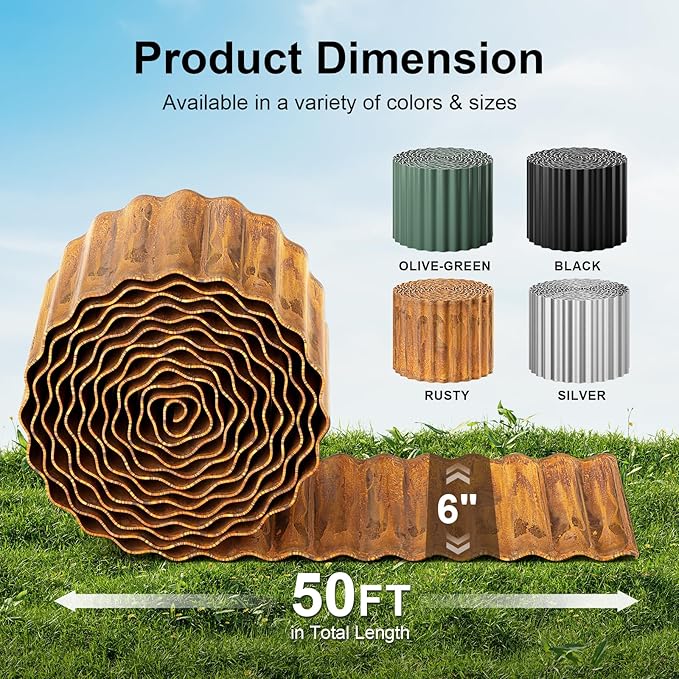 Land Guard Corrugated Garden Edging Border, 6" × 50' Landscape Paver Edging, Tall Landscape Edging, Fence for Garden, Flower Bed, Lawn and Landscape Edging (Rusty)