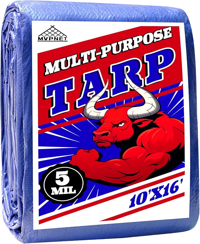 Tarp 10x16 ft 100% Waterproof Uv Resistant High Durability Multipurpose 5mil Blue Tarp for Covering Courtyards, Cars, Camping, Gardens, Pet Nests -by MVPNET