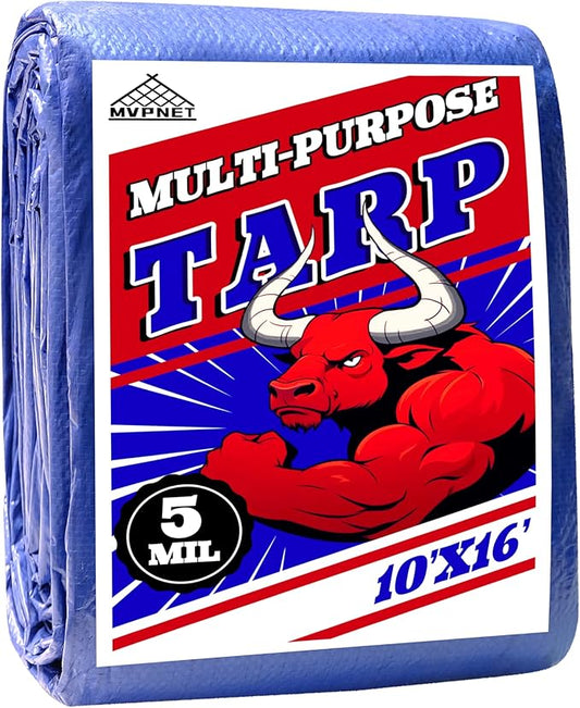 Tarp 10x16 ft 100% Waterproof Uv Resistant High Durability Multipurpose 5mil Blue Tarp for Covering Courtyards, Cars, Camping, Gardens, Pet Nests -by MVPNET