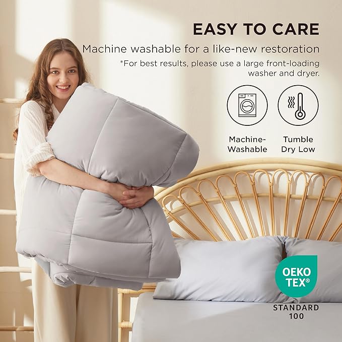 Bedsure Comforter Duvet Insert - Quilted Comforters Queen Plus Size, All Season Duvet, GentleSoft Down Alternative Bedding, with 8 Tabs, Gifts for Women/Men,Light Grey,Queen Plus 90 x 90 Inches