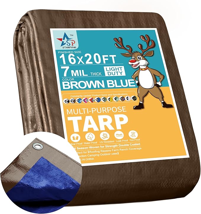 STARPYNG-7 Mil Brown/Blue 16x20 Feet Tarp-Multifunctional Waterproof Tarpaulin-Waterproof, UV Resistant, Rip and Tear Resistant, Poly Tarpaulin with Reinforced Edges for Cover