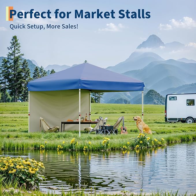 10x10 Pop Up Canopy Tent Outdoor Canopy with 3 Removable Sidewalls One-Person Set Up Heavy Duty Commercial Instant Tent Shelter-Blue