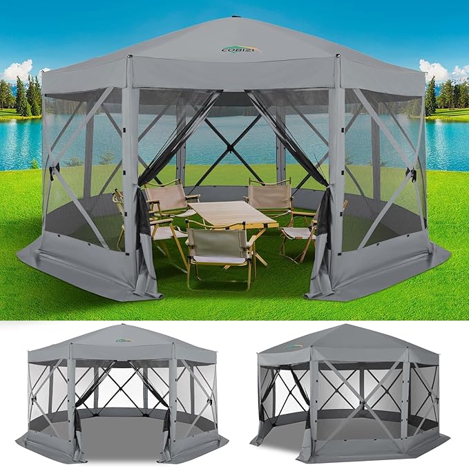 COBIZI 15x15 FT Pop Up Gazebo - Canopy Tent, Large Gazebos On Clearance,Instant Screened in Gazebo,carpas para Patio,Portable Screen Tents for 12-15 Persons Outdoor Camping, Backyard,Gray