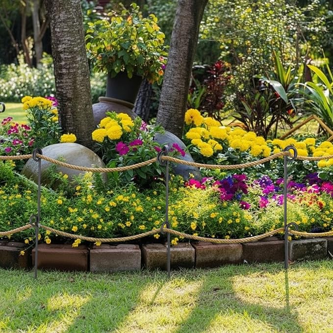6 Pcs 42'' Double Rope Poles/Stakes Black Steel Stakes with Loop Fence Poles for Creating a Rope Border Around Flower Beds, Trees, Garden, Walkways