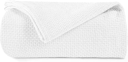 BOUTIQUO 100% Cotton Bed Blanket, Breathable Thermal Blanket King Size, Soft Honeycomb Waffle Blanket 90"x102", Cotton Bed Blanket, Perfect for Layering Any Bed for All Season, White