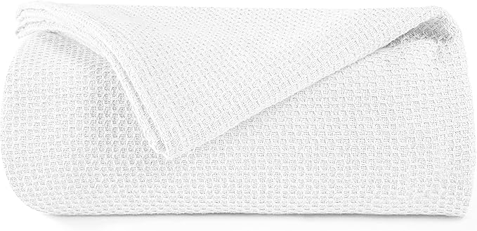 BOUTIQUO 100% Cotton Bed Blanket, Breathable Thermal Blanket Twin Size, Soft Honeycomb Waffle 60inchx90inch, Perfect for Layering Any All Season, White, (60inchx90inch) (70461)