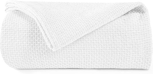 BOUTIQUO 100% Cotton Bed Blanket, Breathable Thermal Blanket Twin Size, Soft Honeycomb Waffle 60inchx90inch, Perfect for Layering Any All Season, White, (60inchx90inch) (70461)