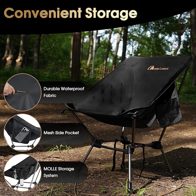 MOON LENCE Portable Camping Chair Plus, Larger & Roomier, Compact and Lightweight Still, Folding Chair for Backpacking & Hiking, 330Lbs Capacity (Black)