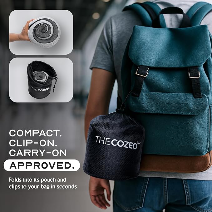 The Cozeo™ Travel Neck Pillow, 100% Pure Memory Foam Airplane Neck Pillow with Eye Mask & Earplug, Ideal for Long Flight, Car Road Trip Essentials & Sleeping | Comfortable & Suitable for Adults & Kids