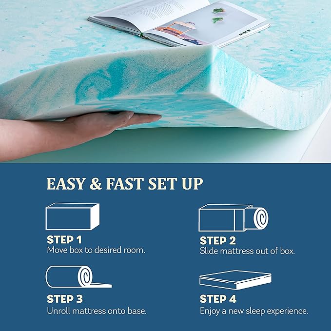 EGO Topper 4 Inch Twin Memory Foam Mattress Topper, Gel Foam Mattress Topper for Pressure Relief, Ventilated Design Bed Topper in a Box, CertiPUR-US Certified, 38"×75", Medium