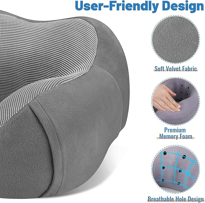 CloudBliss Travel Pillow Premium Memory Foam, Comfortable & Supportive Neck Pillow, Sleeping Neck Pillows for Travel, Airplane Pillow for Sleeping Airplane, Car, Office and Home（Dark Grey）