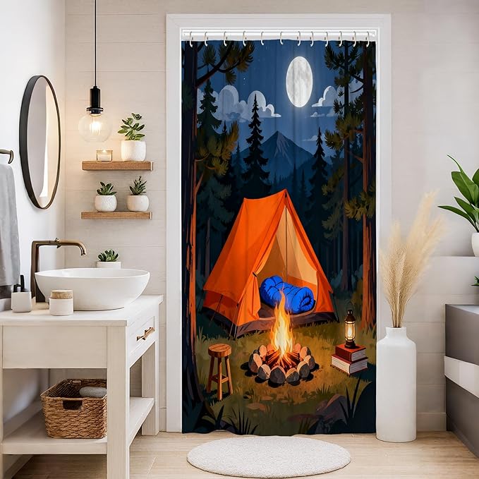 Tent Stall Shower Curtain, Outdoor Adventure Campfire Moon Summer Orange Polyester Waterproof Design Print Bath Curtains Decor for Toile Bathroom Dorm 36x72 Inch