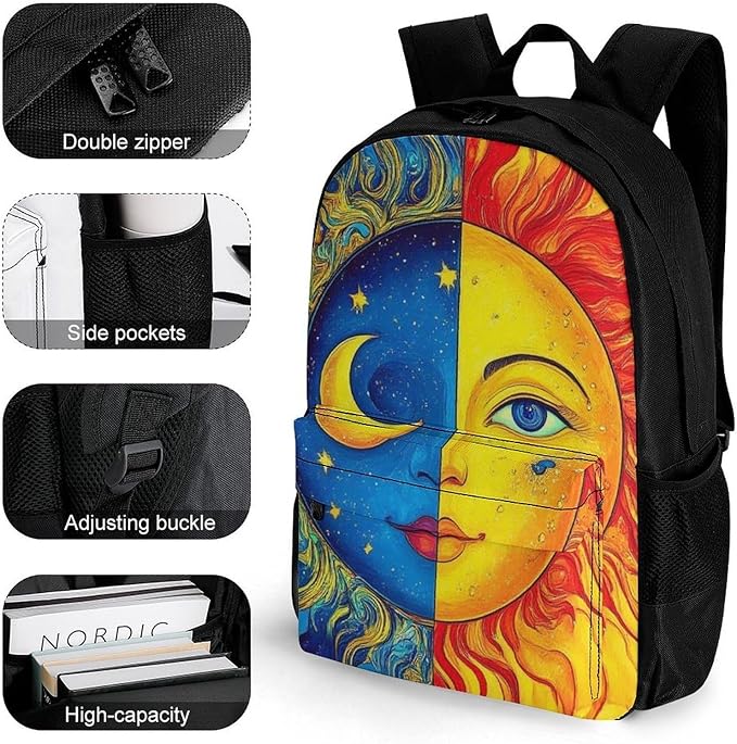 Supdreamc Men Women Polyester Blue Yellow Sun Moon Art Casual Daypack Large Capacity Carry On Bag With Adjustable Shoulder Straps for Camping Work Running