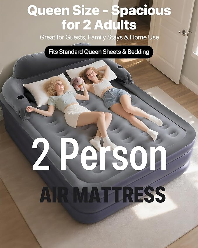 A-ER-FA Queen Air Mattress with Detachable Headboard and Cup Holder - 20 Height 700lbs Capacity Comfort Inflatable Bed for Guests Home Camping and Travel Durable Construction,Colchón Inflable,Air Bed