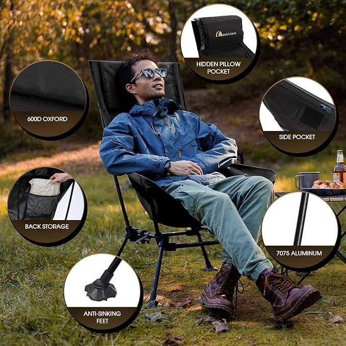 MOON LENCE Oversized Camping Chair for Adults, Height Adjustable High-Back Folding Camping Chair with 400 lbs Capacity, Hidden Pillow Pocket and Wide Seat for Camping, Hiking, Picnics, Black