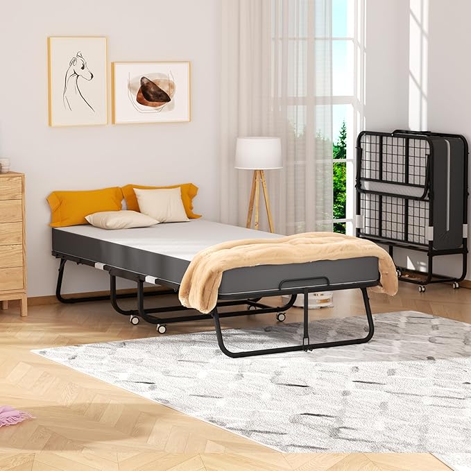 Bonusall Folding Bed with 5" Memory Foam Mattress, Cot Size Rollaway Guest Bed for Kids & Adults, Ultra Space-Saving Foldable Bed on Wheels, Portable Single Bed for Small Space & Office, 75" x 31"
