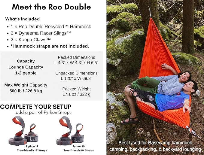KAMMOK: Roo Double Hammock | Made from Strong & 100% Recycled Water Resistant Ripstop Fabric | Comfortable, Packable, Lightweight (Lifetime Adventure Grade Warranty), Ember Orange