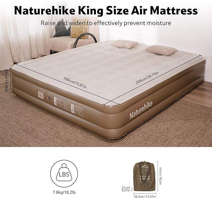 Naturehike Air Mattress Compact King with Built in Pump, 15" Raise Blow Up Luxury Mattress, 992 lbs Max Support, Fast 2Mins Portable Colchone Inflable Mattress, Cordless Air Bed for Home & Camping
