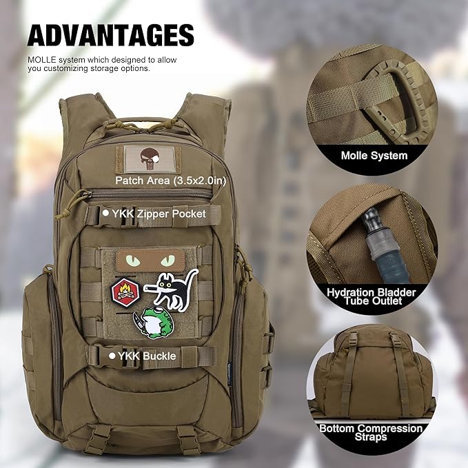 Mardingtop 28L Tactical Backpack for Men with Loop and Hook Patch, Molle EDC Motorcycle Backpacking Backpack for Hiking,Camping