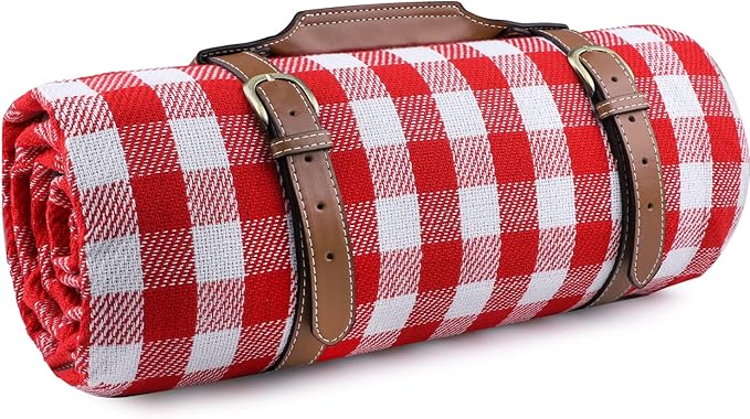 Extra Large Picnic Blanket Waterproof Camping Mat Rug with PU Carrier Soft Lightweight Portable Outdoor Mat for Travel Lawn Camping on Grass Sand-Proof Beach Red White Plaid