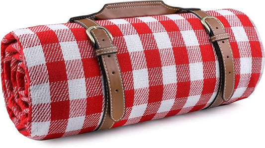 Extra Large Picnic Blanket Waterproof Camping Mat Rug with PU Carrier Soft Lightweight Portable Outdoor Mat for Travel Lawn Camping on Grass Sand-Proof Beach Red White Plaid