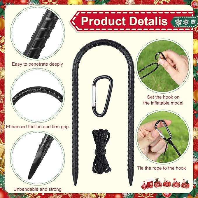 LEIFIDE 30 Pcs Christmas Inflatable Stakes Set, 6 Inch Garden Rebar Stakes Heavy Duty, 10 Ropes and 10 Hooks, Ground Anchors Black Chain Link Fence Stake for Camping Tents Outdoor Garden(U Hook)