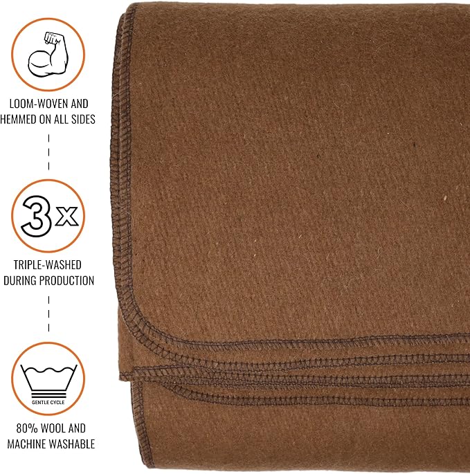 Arcturus Military Wool Blanket - Warm, Thick, Washable - Great for Outdoors, Camping, Stadium Blanket, Picnics, Travel - Car & Bushcraft Survival Kits