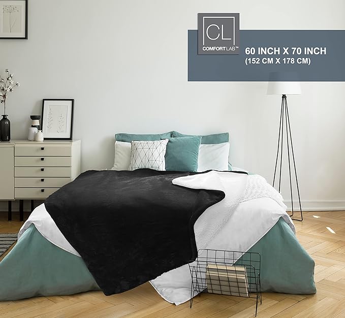 Comfort Lab Reversible Flannel Sherpa Throw Blanket - Elegant Fluffy Throw Blankets for Couch and Home Decor - Anti Pilling Non Shedding Cozy & Warm Fleece Throws - Oversize Throw (60" x 70") - Black