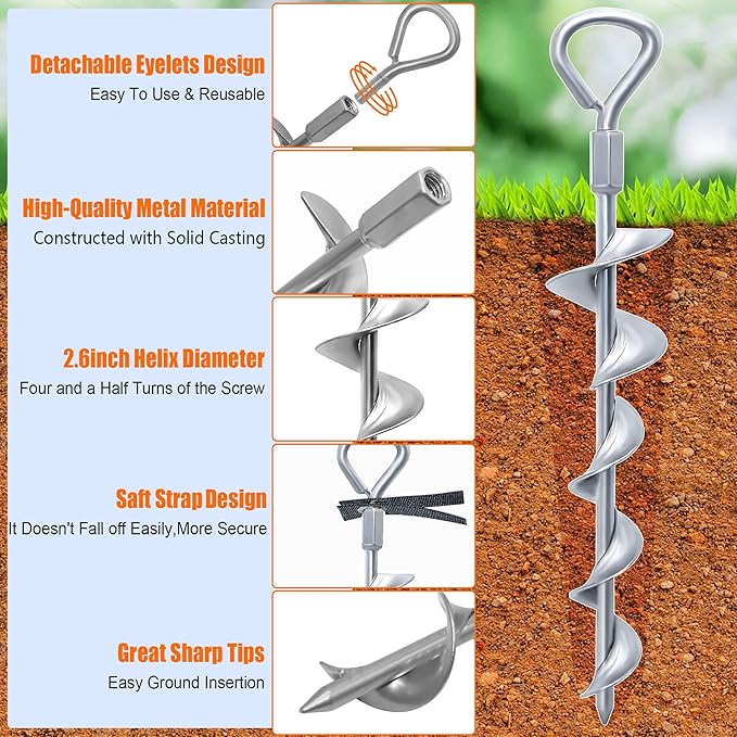 Ground Anchors Screw in 15 Inch, 4Pack Tent Stakes Heavy Duty with T-Handle Hex Wrench and Power Nut Driver