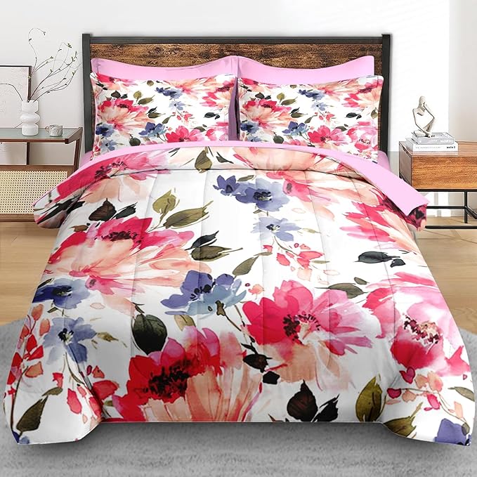 Comforter Set Full Size, Flower Floral Leaf 7 Pcs Bedding for Kids and Adults, Painting Summer Spring Bed Sheet Sets with Fitted Sheet 2 Pillowcases & 2 Shams for Bedroom Bed Decor