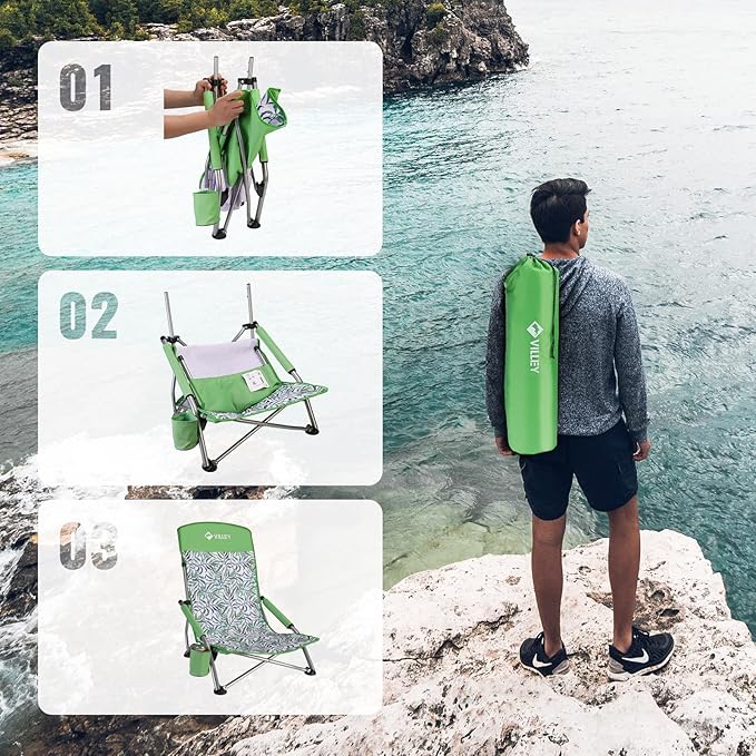 VILLEY Low Beach Chairs for Adults 2 Pack, High Back Folding Chairs, Lightweight and Portable for Outdoor, Camping, Lawn, with Cup Holder and Carry Bag - Green Tropical Leaves